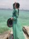 French retro green long-sleeved dress, high-end chiffon skirt, temperament v-neck waist slimming long skirt 2023 autumn