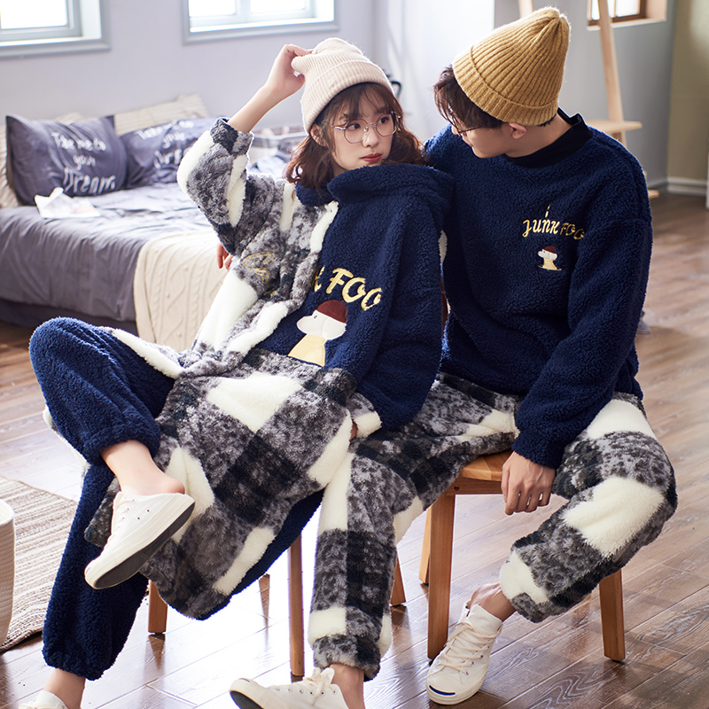 Couple sleeping clothes autumn and winter style with velvety thickened coral suede woman suit sleeping robe flannel men's spring and autumn family clothes