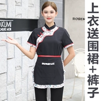 Черные вершины женского рода с короткими рукавами для фартуков + брюки