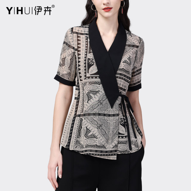 French design sense cross tie waist chiffon shirt shirt women's short-sleeved summer new foreign style printed shirt