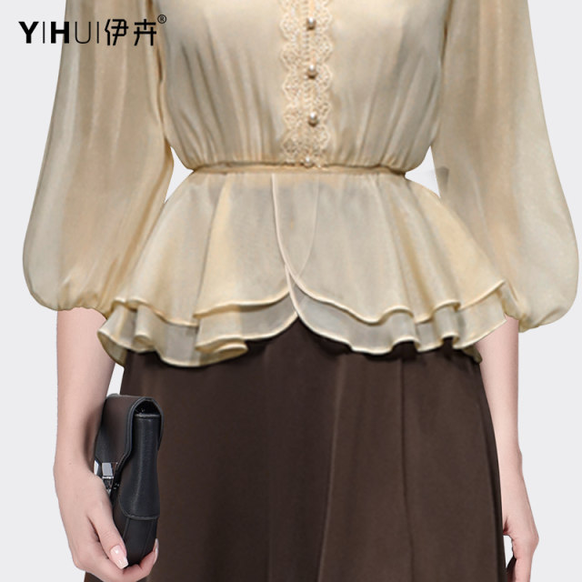 European Summer Puff Sleeve Chiffon Shirt Ruffled Shirt Coffee Color Skirt Suit Temperament Fashion Professional Versatile