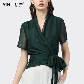 Chiffon shirt women's short-sleeved summer new foreign style shirt short temperament strap top v-neck small shirt