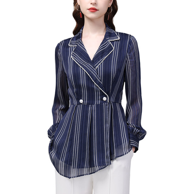 Striped suit collar chiffon shirt shirt women spring 2023 new long-sleeved top simple temperament professional shirt