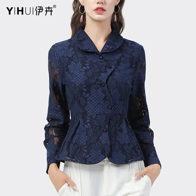 European station hollow lace shirt women's bottoming shirt women's long-sleeved tops foreign style shirt spring professional slim temperament