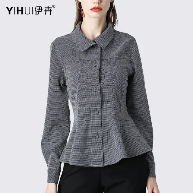 Plaid Shirt Women's Slim Slim Top Polo Collar Professional Shirt Commuting Versatile Fashion European Spring Dress New