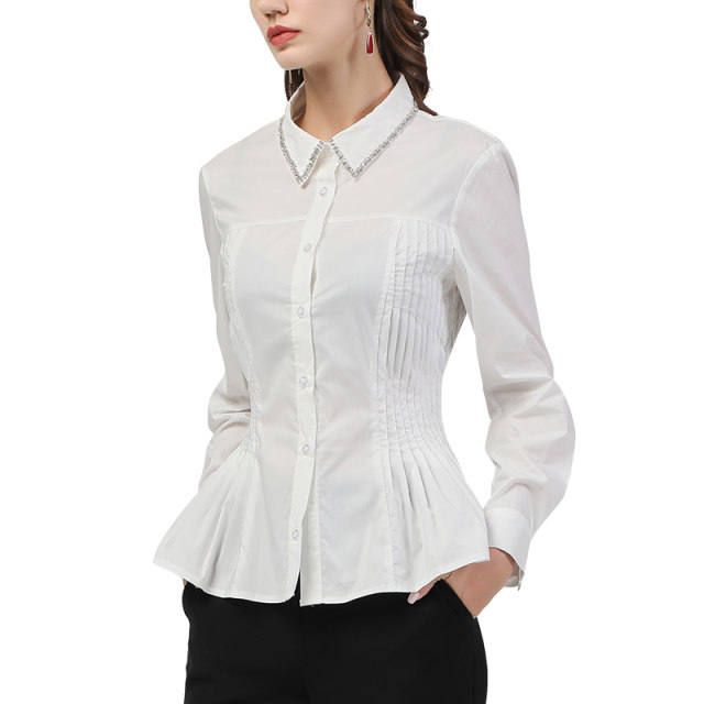 European station beaded women's waist shirt cotton long-sleeved polo collar casual occupation all-match top spring new shirt