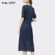 European station trendy temperament V-neck dress summer new short-sleeved mid-waist slim-fit ruffled A-line skirt