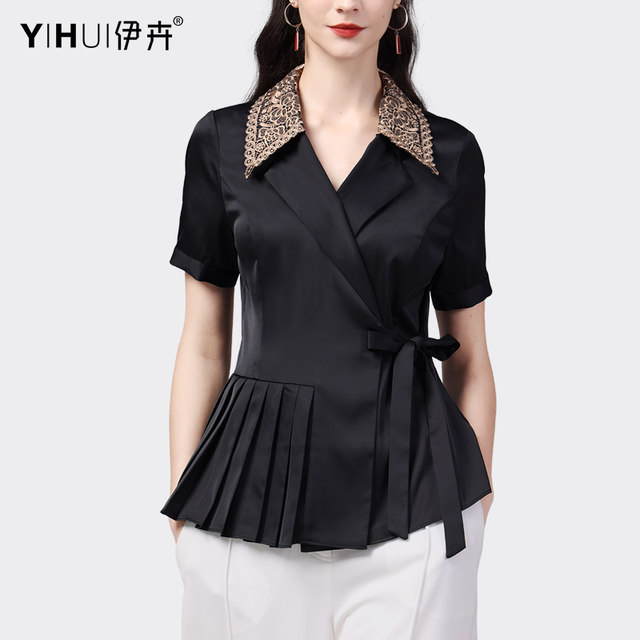 Satin shirt women's suit collar embroidery temperament professional shirt short-sleeved design sense waist top 2023 summer
