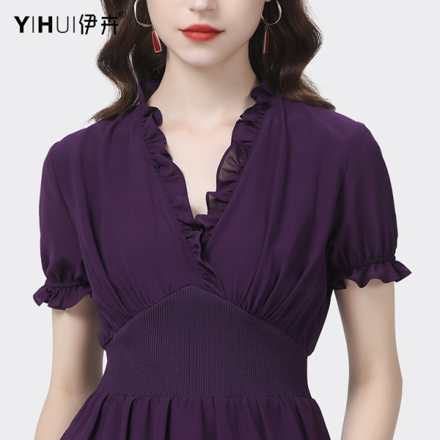 Design sense knit splicing chiffon shirt with wooden ears v-neck short-sleeved top slim fit slimming foreign style age-reducing small shirt summer