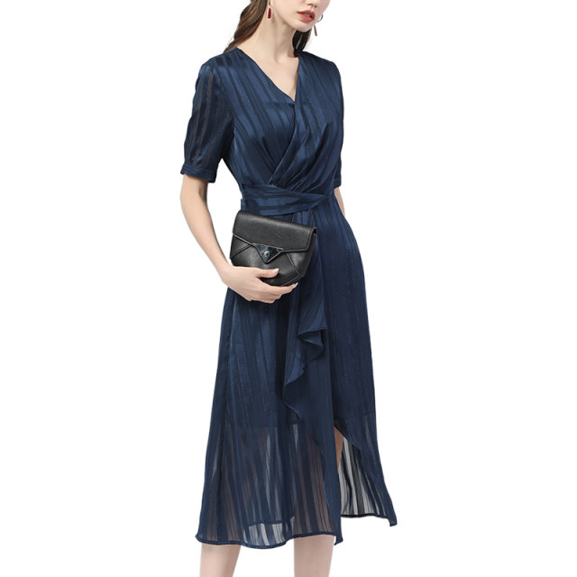 European station trendy temperament V-neck dress summer new short-sleeved mid-waist slim-fit ruffled A-line skirt