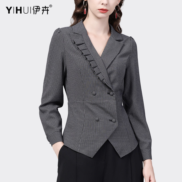 Plaid Shirt Women's Spring Dress Long-sleeved Top Design Irregular Suit Collar Shirt Small Coat Slim Slim