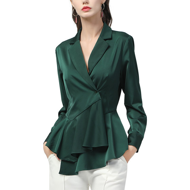 European station satin shirt women's autumn new long-sleeved design niche top suit collar shirt professional commuting