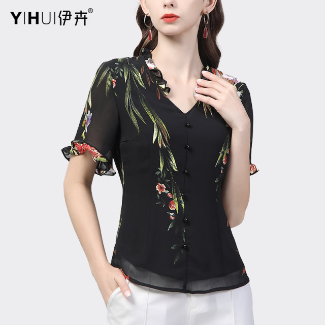 European goods printed chiffon shirt women's v-neck fashion thin shirt 2022 summer new chic small shirt short-sleeved