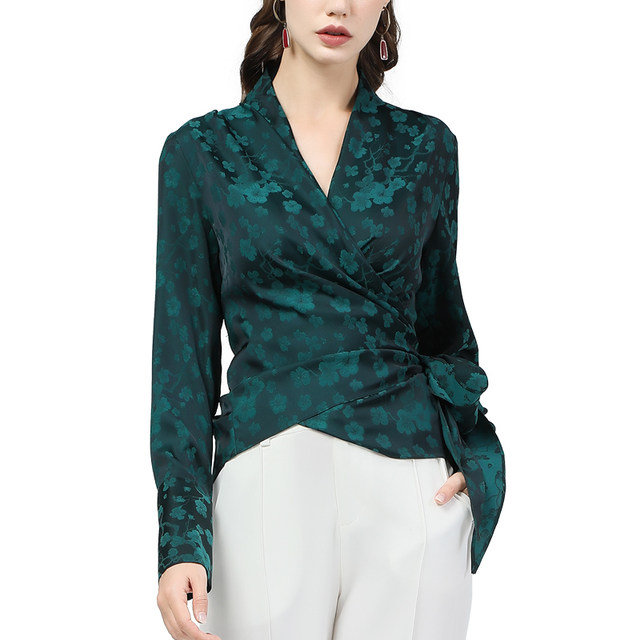 Satin printed top with straps waist long-sleeved cross v-neck small shirt 2022 autumn new western style shirt fashion