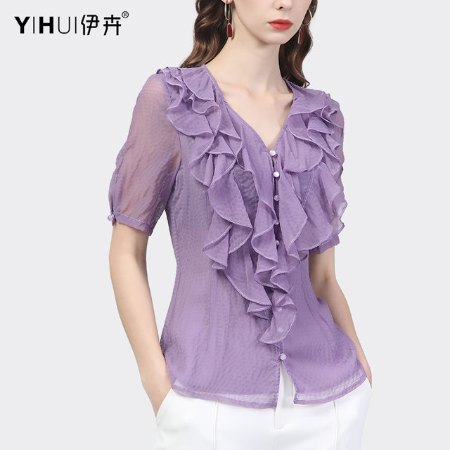 Chiffon shirts, short-sleeved tops, ruffles, slim fit, slim-fitting shirts, 2022 summer new women's professional T-shirts