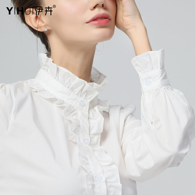 Spring new cotton shirt female lotus leaf edge stand collar design top professional temperament white shirt bottoming shirt