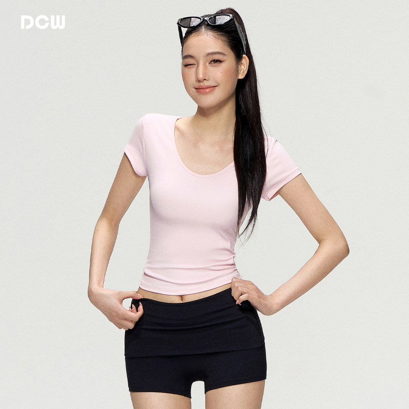 Dcw Pink Sports Short-Sleeved Women's Waist-Cinching Slim-Fit Nude-Feel Pilates Training Yoga Wear T-Shirt Fitness Top