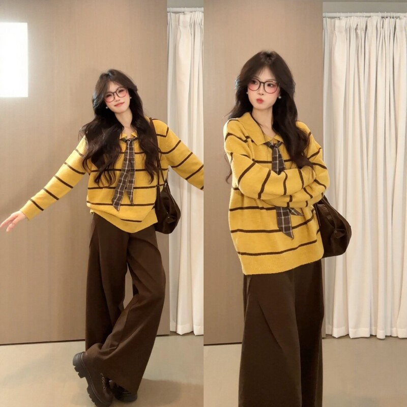Salt-Style Trendy Sports Suit for Women, Autumn Fashion, High-End Knit Top, Wide-Leg Pants, Casual Two-Piece Set, Trendy