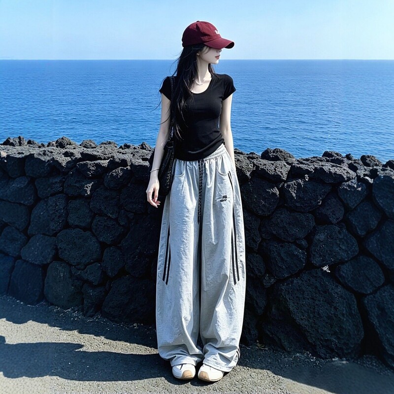 Salt-Style Street Fashion Sports Suit for Women, Summer Loose Fit, Slimming Short-Sleeve Quick-Dry Workwear, Wide-Leg Pants, Casual Two-Piece Set, Trendy