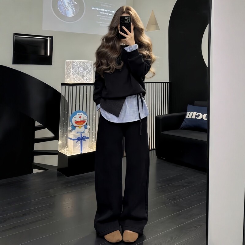 Korean-Style Design Sportswear Set for Women, Spring and Autumn, Loose Patchwork Fake Two-Piece Sweatshirt and Long Pants, Casual Two-Piece Set, Trendy