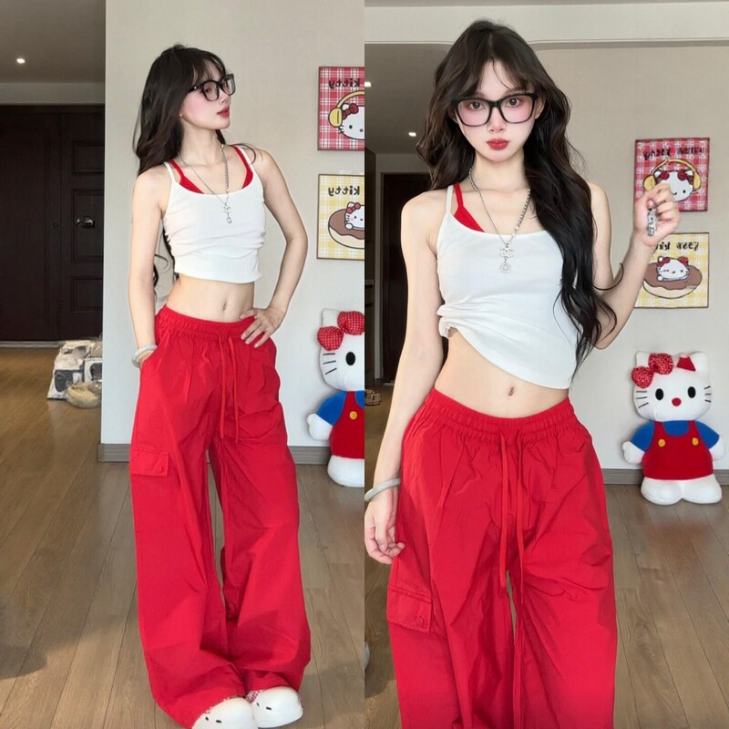 Salt-Style Street Fashion Sports Suit for Women, Summer Slimming Trendy Hot Girl Vest, Workwear Wide-Leg Pants, Casual Two-Piece Set, Trendy