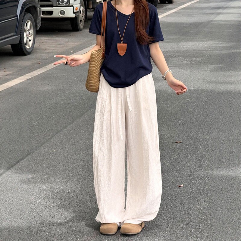 Old Money Style Sports Suit for Women, Summer Loose Fit, Slimming, Relaxed Feel, Short-Sleeved Cotton and Linen Wide-Leg Pants, Casual Two-Piece Set, Trendy Old Money Style Sports Suit for Women, Summer Loose Fit, Slimming, Relaxed Feel, Short-Sleeved Cotton and Linen Wide-Leg Pants, Casual Two-Piece Set, Trendy