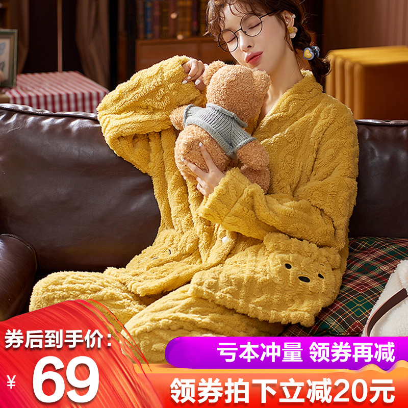 Autumn Winter Coral Suede Pajamas Woman 2021 New Thicken Plus Suede Winter Style Flannel Plush Plush Home Suit Suit