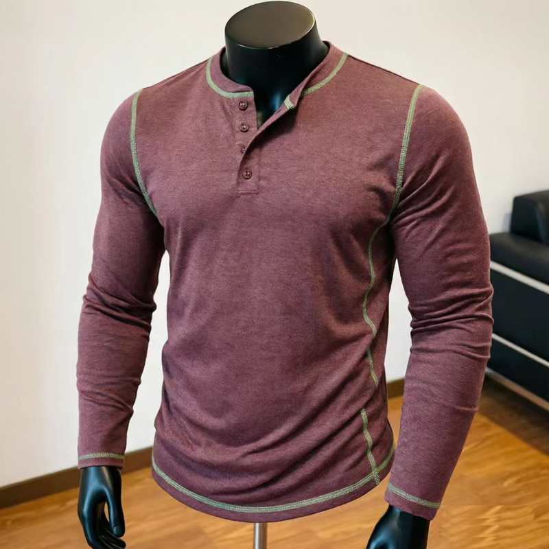 Autumn, Winter and Spring Men's Henry Collar Quick-Drying Base Shirt, Tough Guy Style Fitness Long-Sleeved T-Shirt, Men's Slim-Fit Button-Up Top