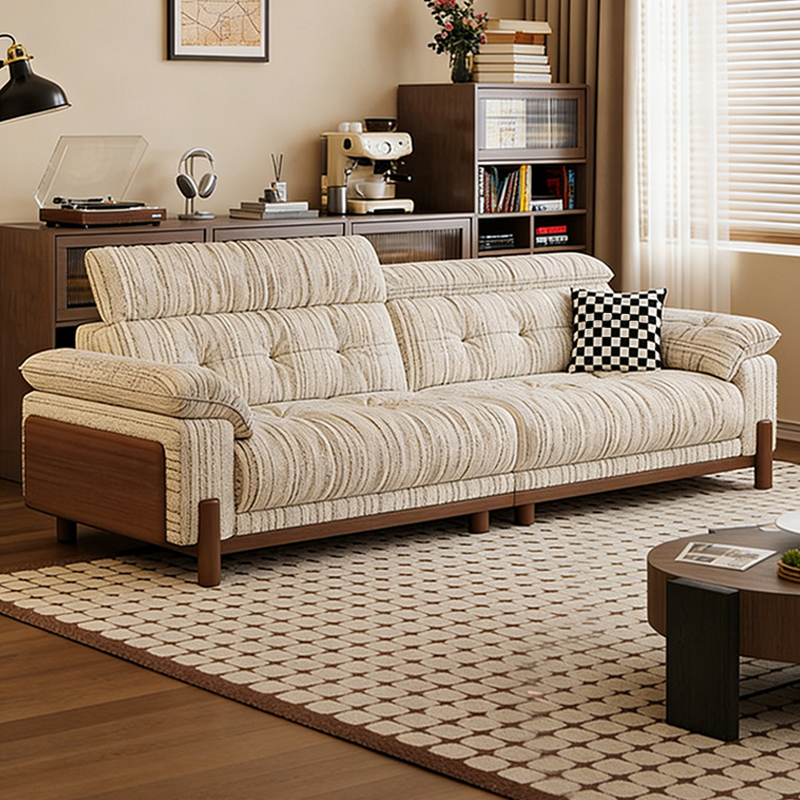 Jiaju Home 2026 New Model Solid Wood Fabric Sofa for Small Living Rooms, Mid-Century Style, Removable and Washable Striped Sofa