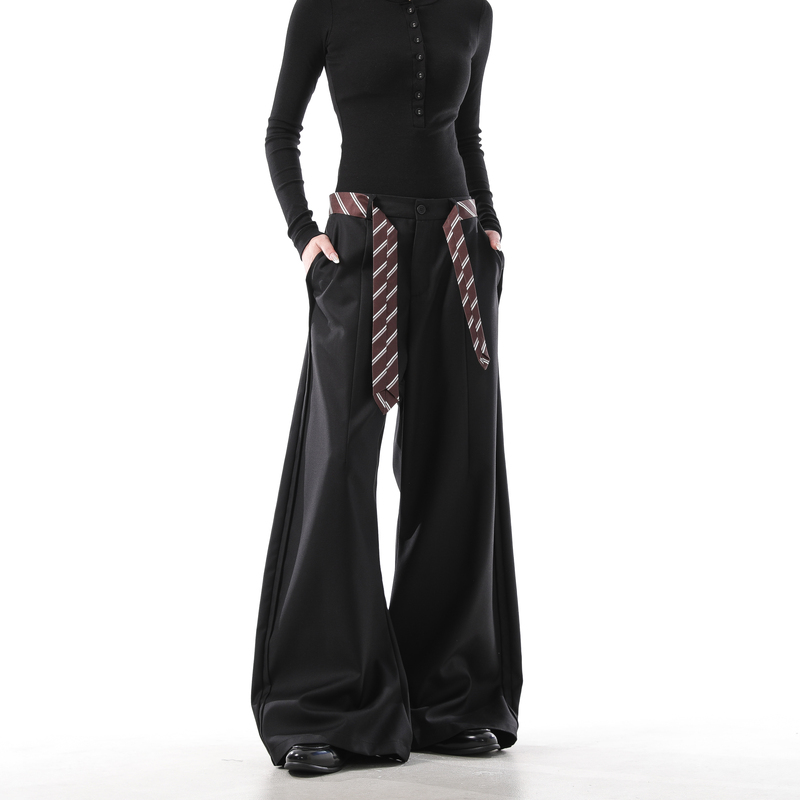 Biailen American-Style Waist Tie Old Money Style Black Scimitar Trousers Unisex Loose Wide-Leg Straight Casual Pants Biailen American-Style Waist Tie Old Money Style Black Scimitar Trousers Unisex Loose Wide-Leg Straight Casual Pants