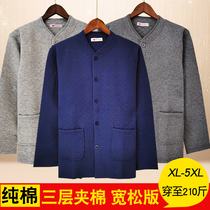 Middle-aged and elderly cotton thermal underwear mens cotton single piece three layer cotton thick size cardigan cotton autumn clothes