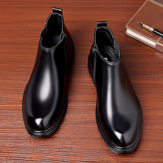 Martin boots new style breathable and versatile business mid-top leather shoes men's formal casual short boots genuine leather second cotton plus velvet cotton boots