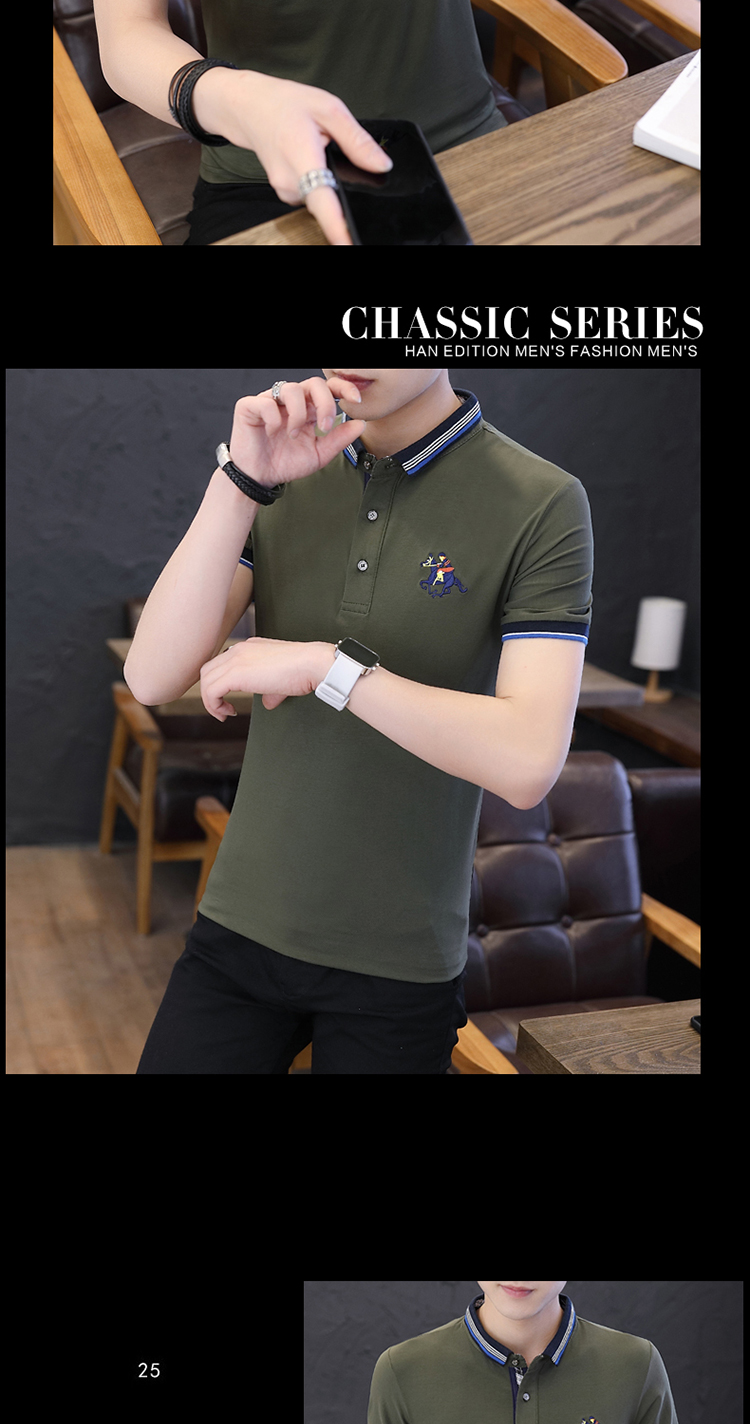 Áo thun nam tay ngắn màu trắng thanh niên mùa hè nam màu rắn màu cotton kẻ sọc ngắn tay áo thun cotton giản dị ve áo áo sơ mi polo