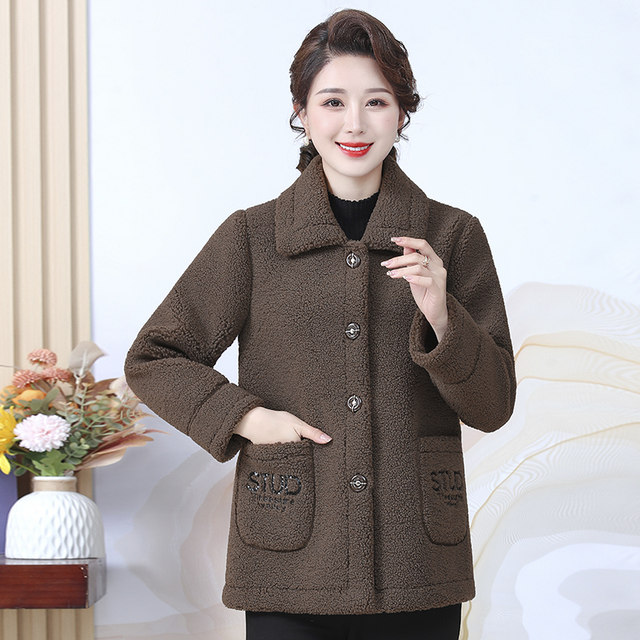 Middle-aged and elderly women's sheep sheared coats, mother's clothing, spring and autumn thickened granular velvet coats, lamb fur and fur integrated