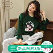 Bộ đồ ngủ nữ mùa xuân và mùa thu cotton dài tay phiên bản Hàn Quốc của bộ phận mỏng học sinh có thể mặc bộ đồ cotton hai mảnh kích thước lớn - Bộ Pajama