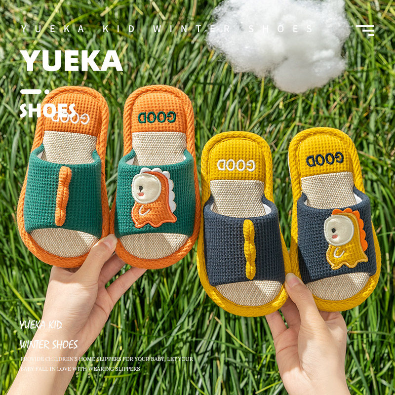 Children Linen Slippers Spring Autumn Boys Indoor Home Non-slip Spring Girl Dinosaur Boys Summer Slippers 4 Seasons-Taobao