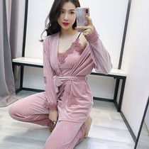  Sexy pajamas womens winter mood temptation nightgown three-piece fun home clothes Gold velvet ladies pajamas womens spring and autumn
