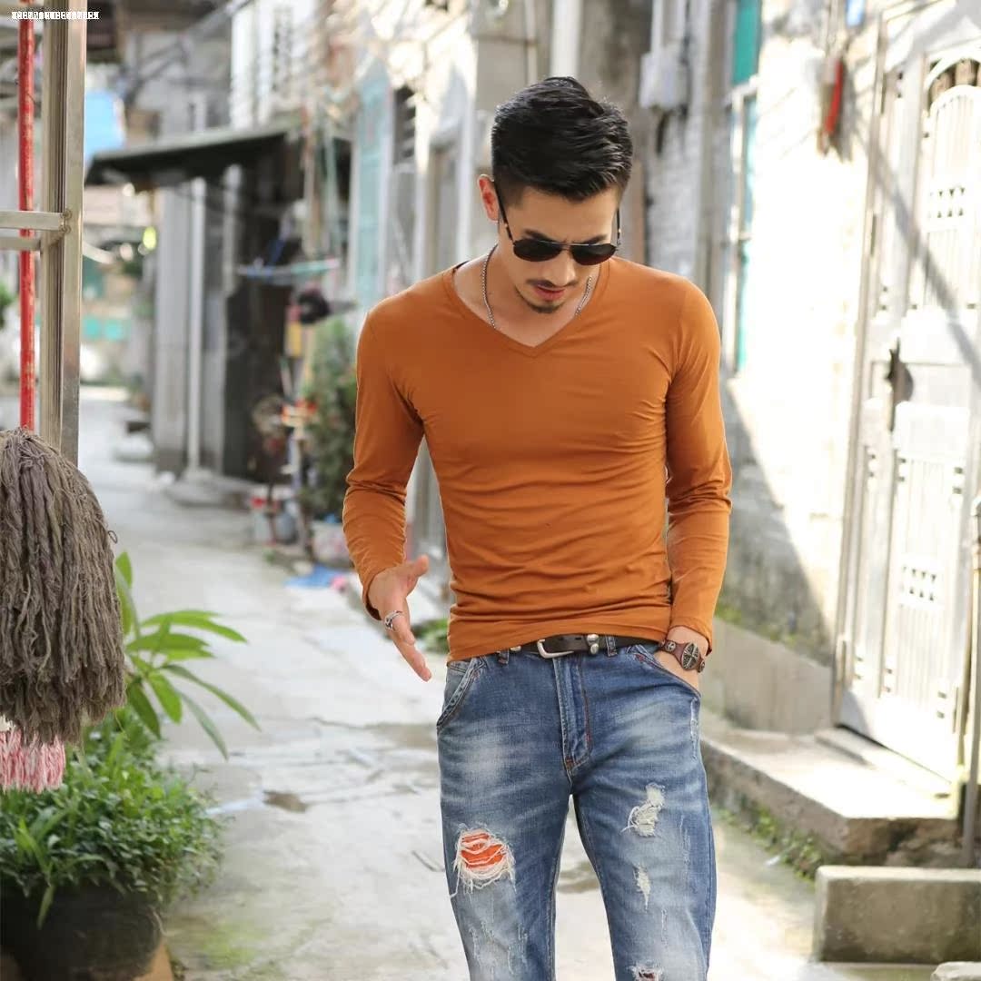 màu tinh khiết áo phía dưới cổ áo trái tim gà mens dài sleevet t-shirt máu màu yên tĩnh phiên bản sạch của mùa thu áo khoác mens đồ lót đất v.