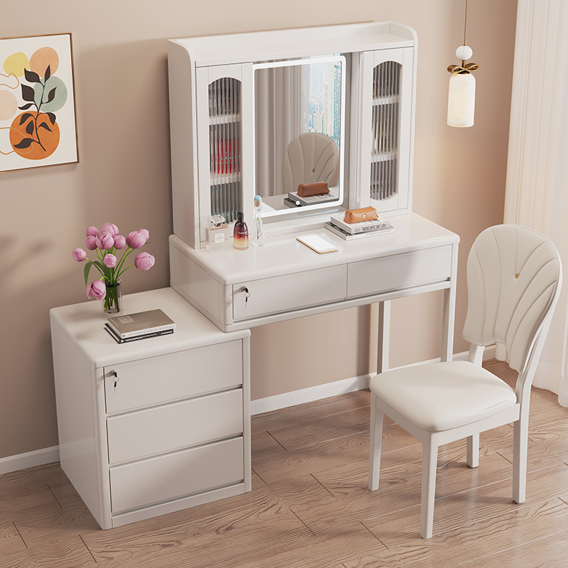 All Solid Wood Dressing Table in the Master Bedroom with a Hidden Mirror, Modern Minimalist Storage Cabinet Integrated Dressing Table