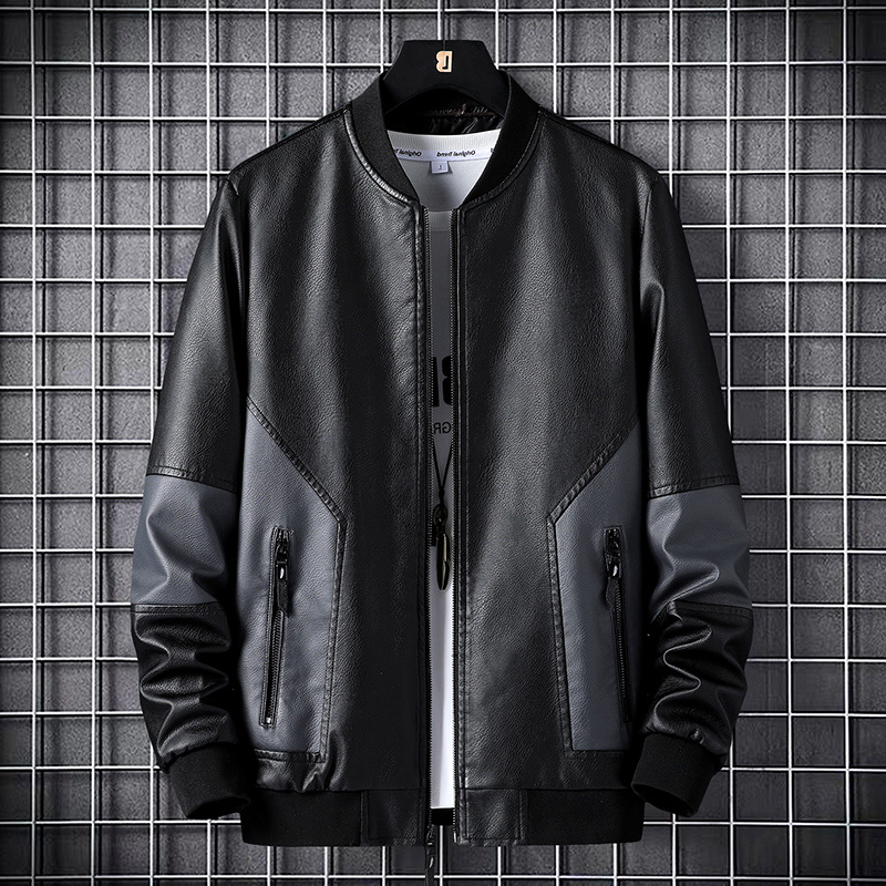 Careful machine contrast color design leather men's spring and autumn new wild jacket middle-aged sports casual baseball collar leather jacket