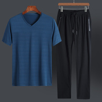 Very drape V-neck short sleeve T-shirt mens 2021 new summer mens ice silk thin middle-aged dad suit