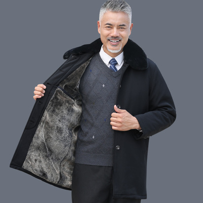 中长款毛领棉衣男中老年人冬装加绒棉大衣