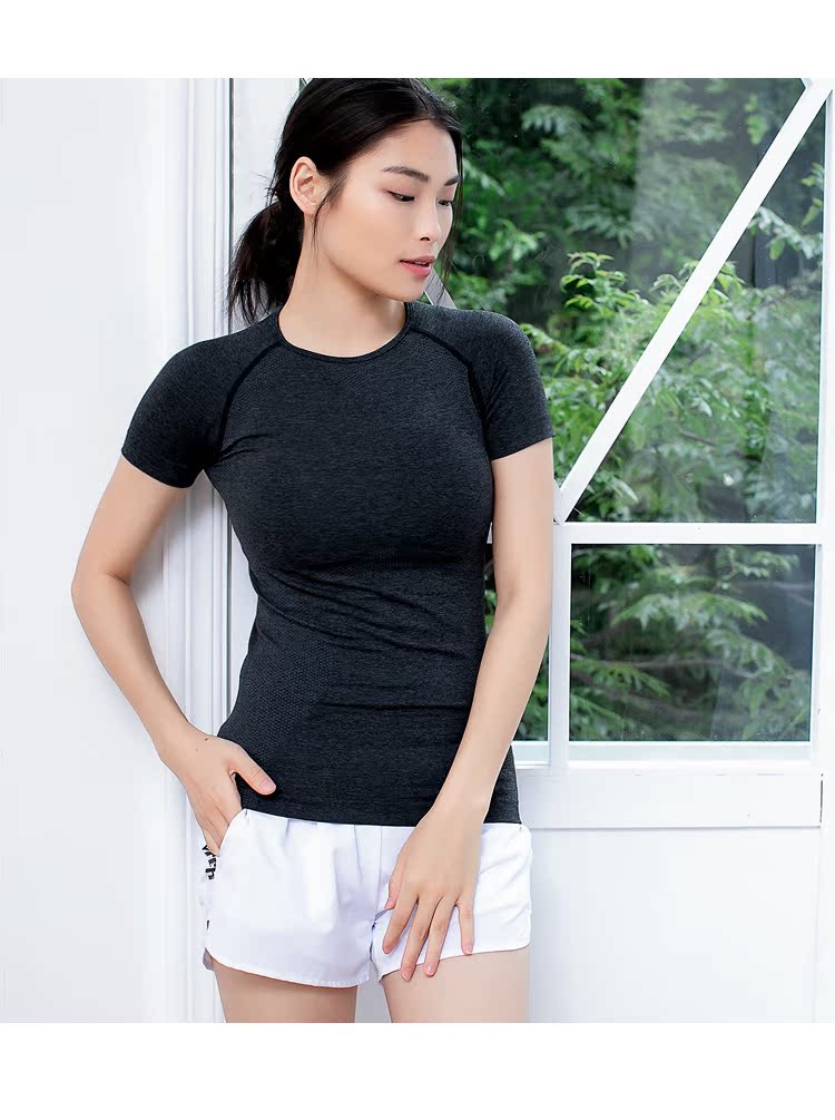 Quần thể dục nữ tay ngắn tay thể thao nhanh khô quần áo bó sát yoga thon gọn eo thon dài chạy áo thun mùa hè tee áo thun the thao nữ