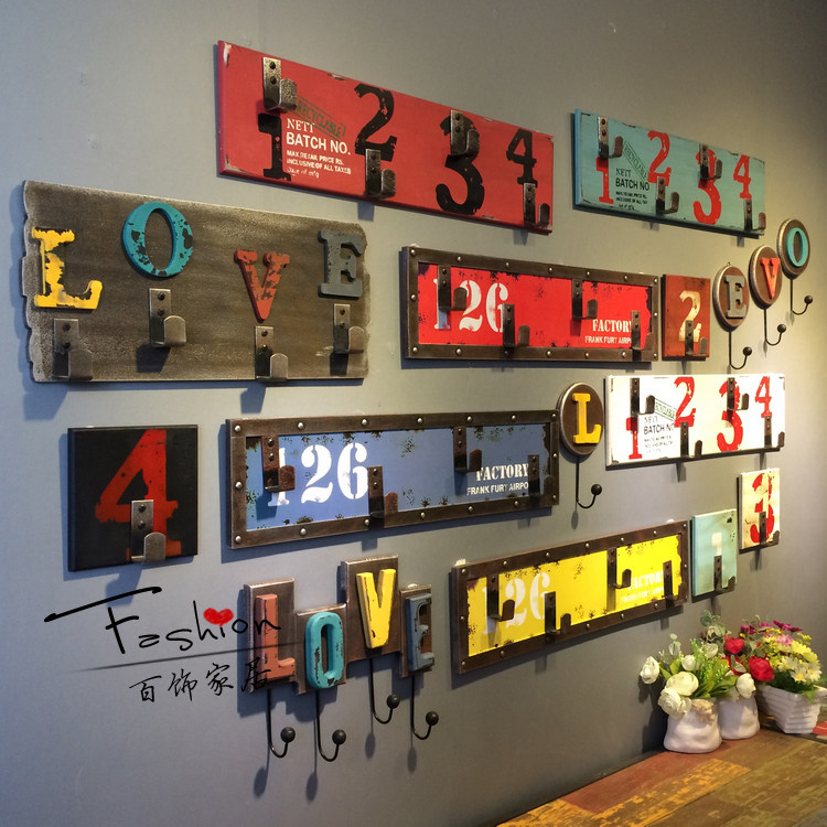 zakka retro make old woody hook decoration painting card wall-mounted cloakhat digital love the European and American wind creative home