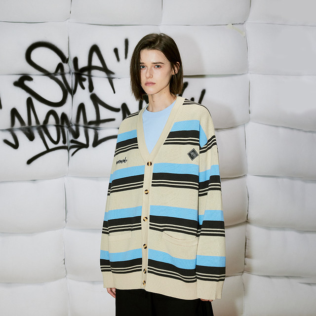 SUAMOMENT scratched striped contrasting knitted cardigan sweater lazy knitted sweater coat ຜູ້ຊາຍດູໃບໄມ້ລົ່ນດູໃບໄມ້ລົ່ນ