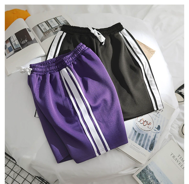 Quần short retro phong cách Hong Kong nam mùa hè ulzzang quần thể thao rộng bf gió Harajuku giản dị năm điểm quần nam và nữ - Quần short