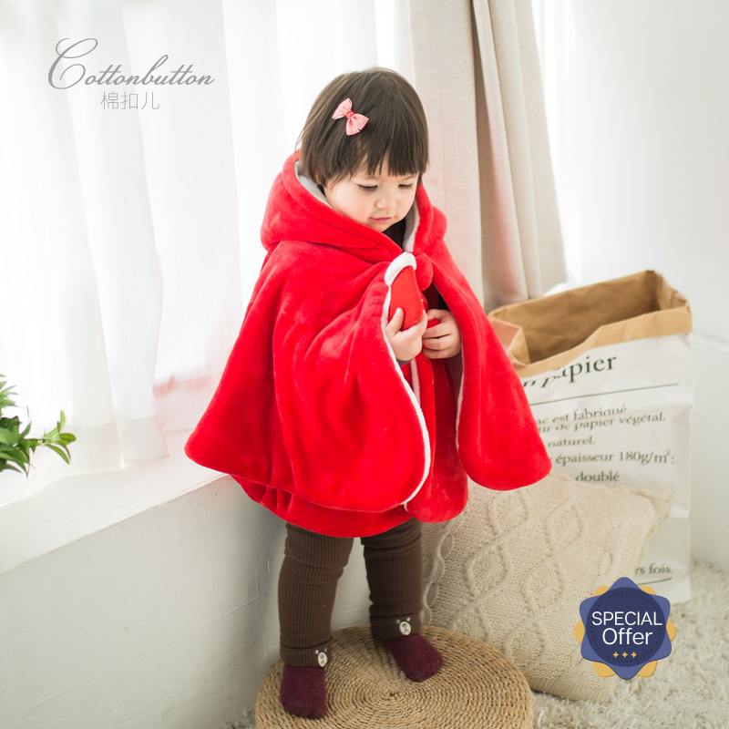 Cotton buckle baby cape winter style male and female baby flannel thickening and velvet shawl newborn out cloak