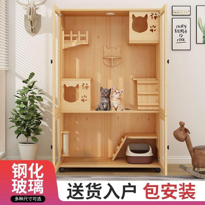Solid Wood Panoramic Cat Villa Cat House Cat House Domestic Indoor Four Floors Two Cats Cat Cage Oversized Free Space