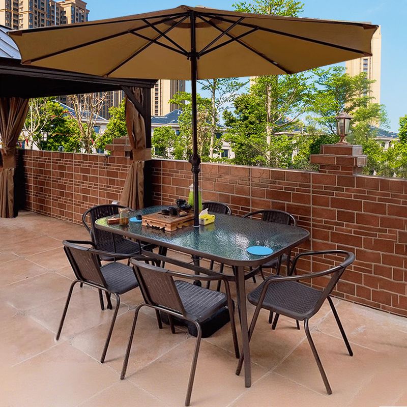 Outdoor Table and Chairs with Umbrella for Courtyard, Open-Air Outdoor Combination Set for Small Yard, Balcony, Leisure Rattan Chair Three-Piece Set, Waterproof and Sun-Proof