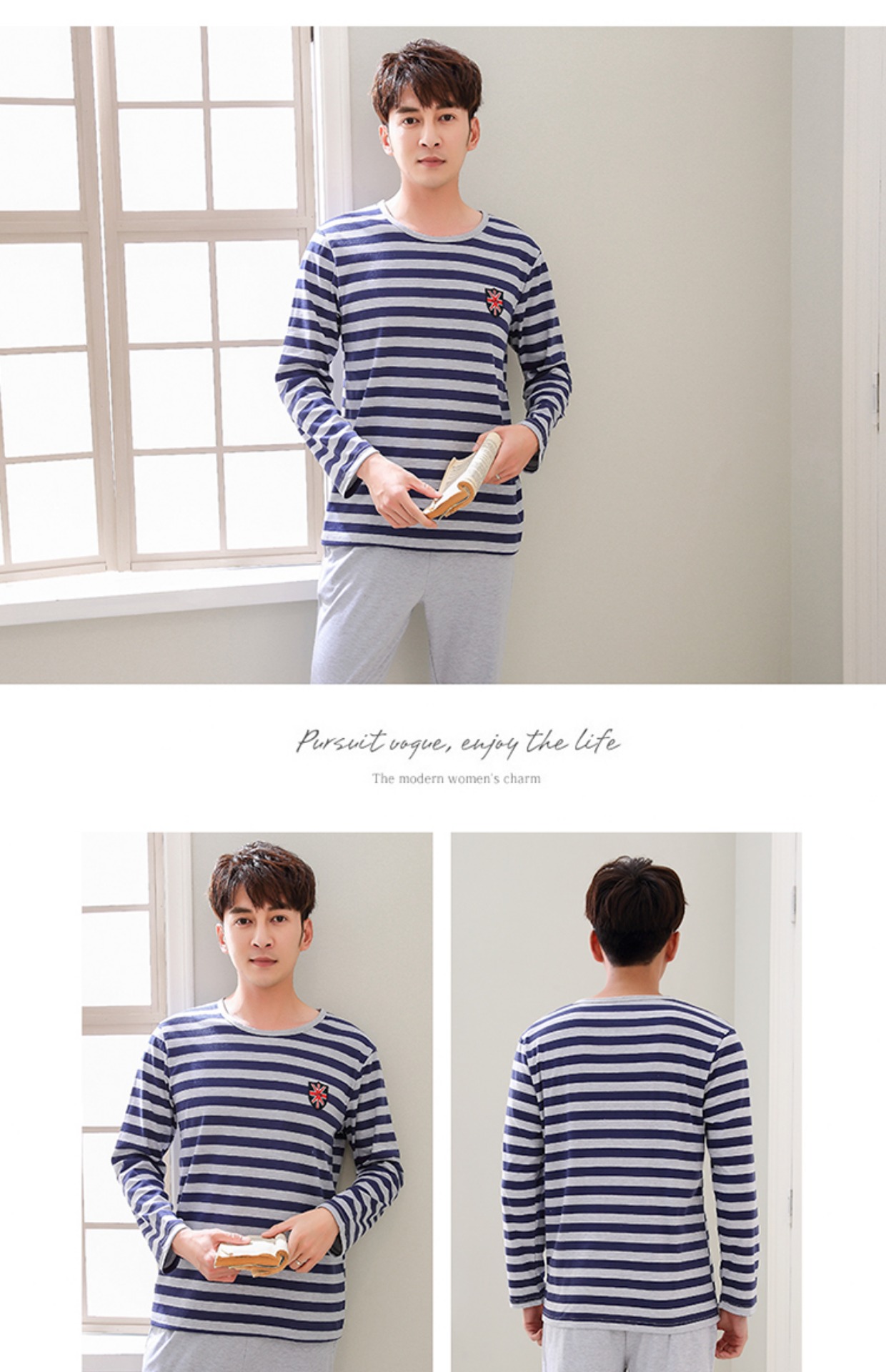 Đồ ngủ mùa thu và mùa đông nam sọc cotton dài tay có thể mặc giản dị mùa hè mỏng phần cotton phục vụ nhà phù hợp với nam những kiểu đồ bộ thun may